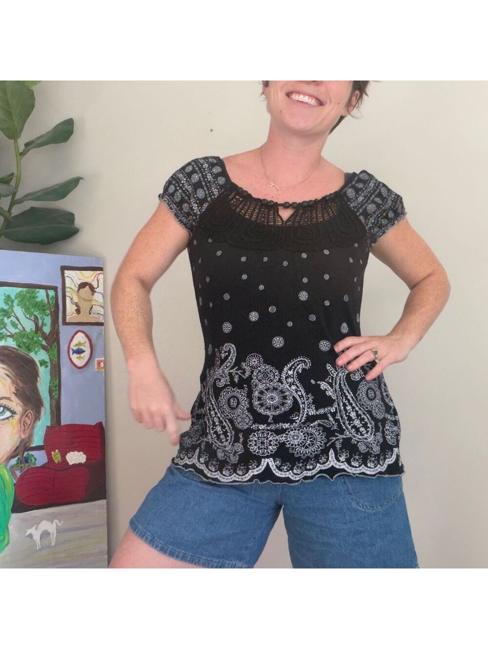 Vintage Y2K blouse black paisley short sleeve top